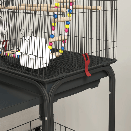 PawHut Gaiola para Passáros Gaiola de Metal com Múltiplas Portas 4 Comedouros 3 Poleiros Baloiço Escadas e Bandeja Removível para Periquitos Canários 46x36x120 cm Preto
