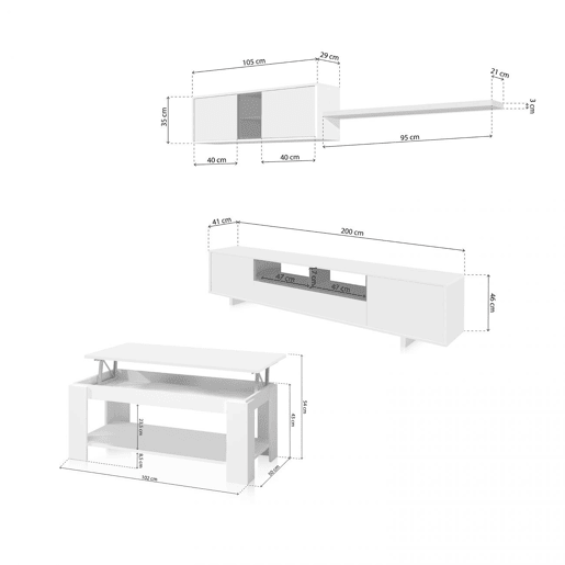 Conjunto de sala de estar com mesa de centro Kenzo Plus V1 Branco brilhante - Cinzento antracite 200 x 46 x 41 cm