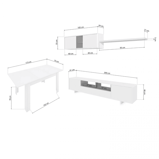 Conjunto de sala de estar com mesa de jantar Kenzo Plus VB Branco brilhante - Cinzento antracite 200 x 46 x 41 cm