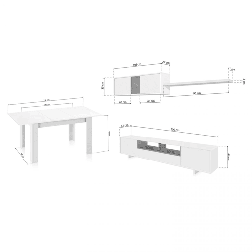 Pack sala de estar com mesa de jantar Kenzo Plus VA Branco brilhante - Cinzento antracite 200 x 46 x 41 cm
