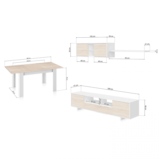 Pack sala de estar com mesa de jantar Kenzo Plus VA Artik White (Branco mate) - Carvalho canadiano 200 x 46 x 41 cm