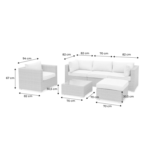 Conjunto de mobiliário de jardim com sofá em resina tecida de 5 lugares, Caligari, Tons de cinza, 234x82x67 cm