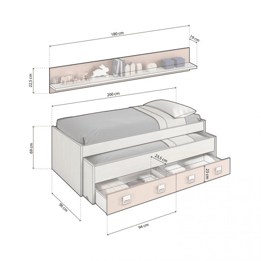 Cama de casal juvenil Kenia com prateleira Alpes Brancos - Rosa 200 x 69 x 96 cm