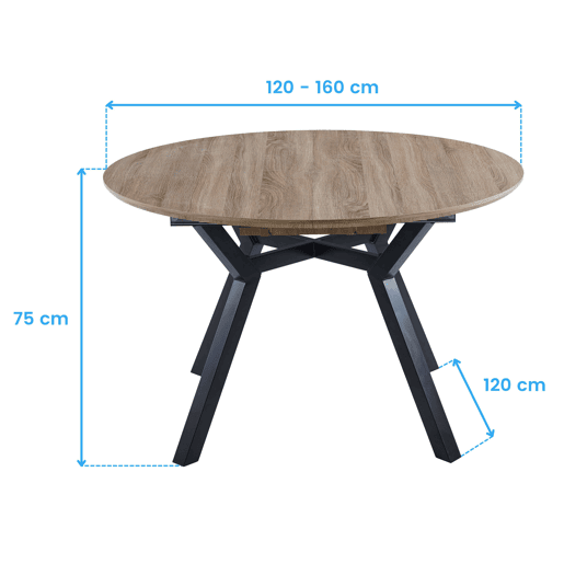 Mesa de Jantar Extensível Alfa 120160 cm CarvalhoMelamina Preta e Pernas de Metal - Mesa Redonda para Sala de Estar