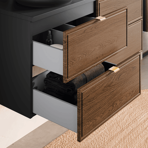 Conjunto móvel de lavatório duplo 120 cm e móvel alto Elena Madeira e preto