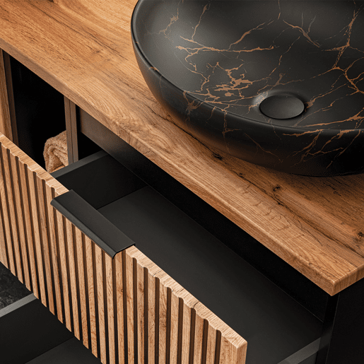 Conjunto móvel lavatório duplo 120cm espelhos LED coluna e 3 armários de parede Gaia Madeira e Preto Lavatório Preto