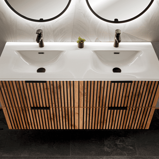 Conjunto móvel lavatório duplo encastrado 120cm espelhos LED coluna e 3 armários de parede Gaia Madeira e Preto