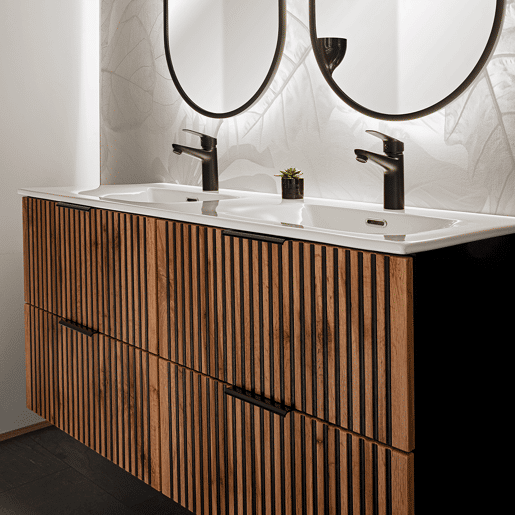 Conjunto móvel lavatório duplo encastrado 120cm espelhos LED coluna e 3 armários de parede Gaia Madeira e Preto