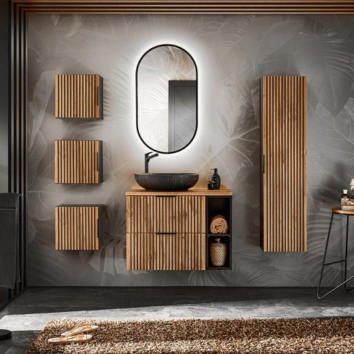 Conjunto móvel lavatório simples 80cm 2 nichos coluna espelho LED e 3 armários de parede Gaia Madeira e Preto Lavatório