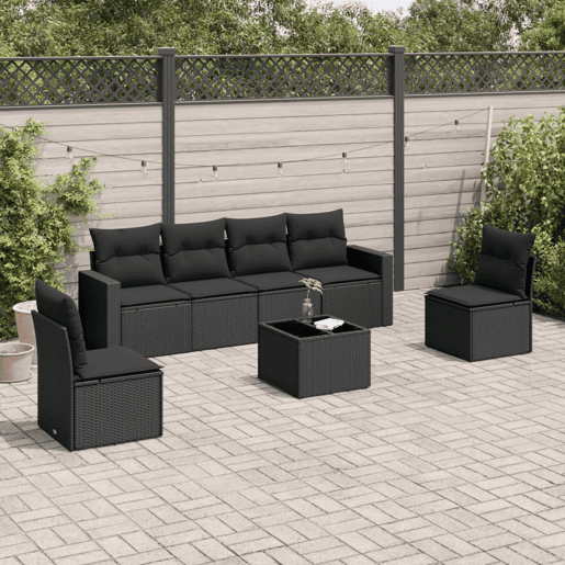 vidaXL 7 pcs conjunto de sofás p jardim c almofadões vime PE preto vidaXL 7 pcs conjunto de sofás p jardim c almofadões vime PE preto