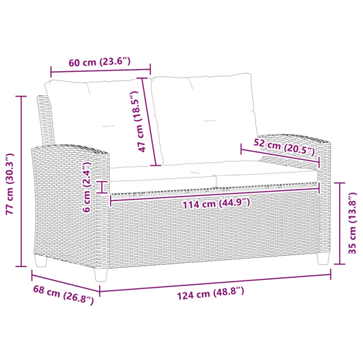 vidaXL Sofá de jardim 2 lugares com almofadões 124 cm vime PE cinzento