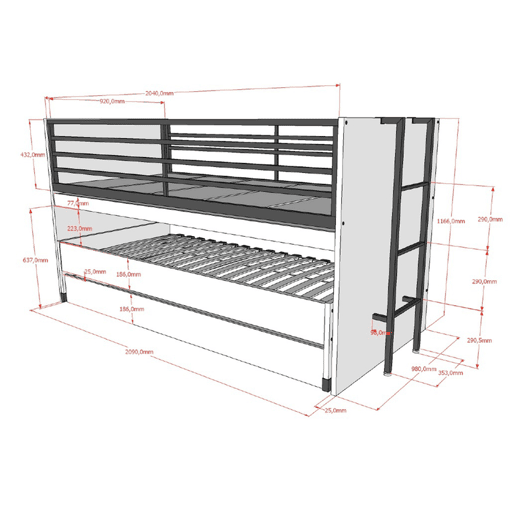 Cama de meia altura 90x200 base de ripas e gavetas incluídas Vipack Sam Madeira
