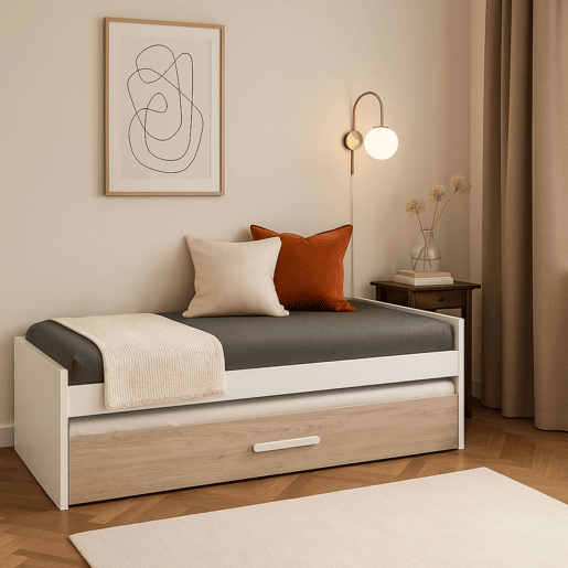 Cama de rodízio para quarto juvenil em estilo nórdico em carvalho Sahara e branco fosco 90x190 cm Cama de rodízio para quarto juvenil em estilo nórdico em carvalho Sahara e branco fosco 90x190 cm