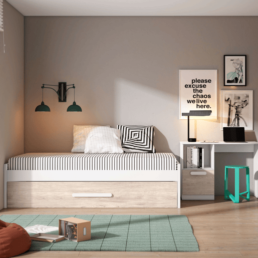 Cama de rodízio para quarto juvenil em estilo nórdico em carvalho Sahara e branco fosco 90x190 cm Cama de rodízio para quarto juvenil em estilo nórdico em carvalho Sahara e branco fosco 90x190 cm