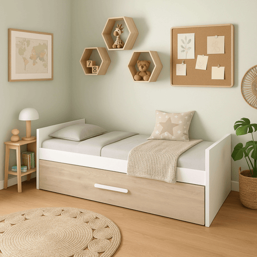 Cama de rodízio para quarto juvenil em estilo nórdico em carvalho Sahara e branco fosco 90x190 cm Cama de rodízio para quarto juvenil em estilo nórdico em carvalho Sahara e branco fosco 90x190 cm