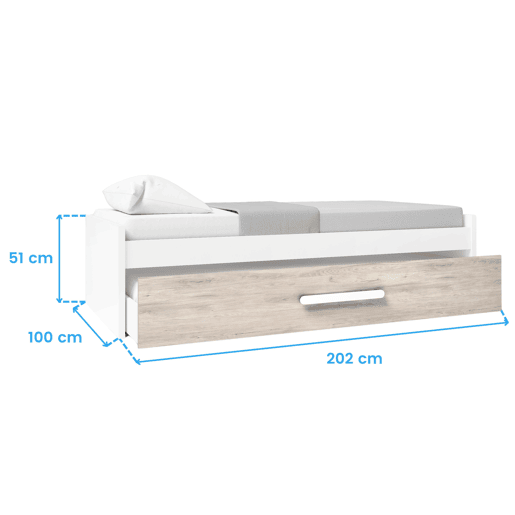 Cama de rodízio para quarto juvenil em estilo nórdico em carvalho Sahara e branco fosco 90x190 cm Cama de rodízio para quarto juvenil em estilo nórdico em carvalho Sahara e branco fosco 90x190 cm