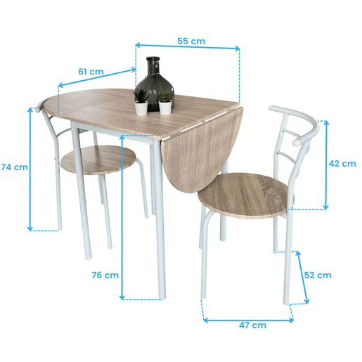 Conjunto de mesa de cozinha extensível e 2 cadeiras Butterfly, mesa de jantar dobrável em carvalho e branco, 55-115 x 61 x 74 cm