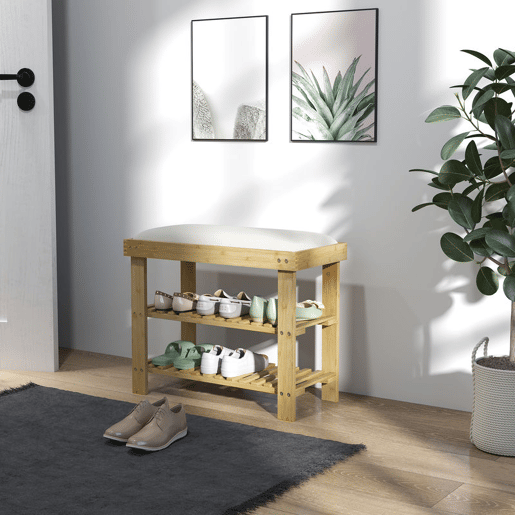 HOMCOM Banco Sapateira de Bambu Sapateira com Assento Almofadado 2 Prateleiras para 6 Pares de Sapatos para Entrada Dormitório 60x29x49 cm Madeira e Creme