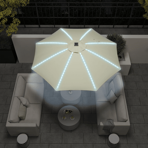 Outsunny Chapéu de Sol de Jardim com Luzes LED Ø300x256 cm Chapéu de Sol com Manivela Teto com Ventilação Proteção UV50+ e Mastro de Alumínio Chapéu de Sol para Piscina Creme