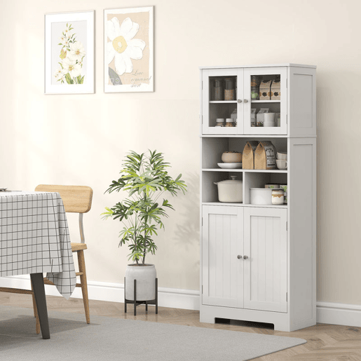 HOMCOM Armário de Cozinha Móvel Auxiliar de Cozinha Armário Alto de Cozinha com 2 Portas de Vidro Prateleiras Ajustáveis e Compartimentos Abertos 60x30x145,5 cm Branco
