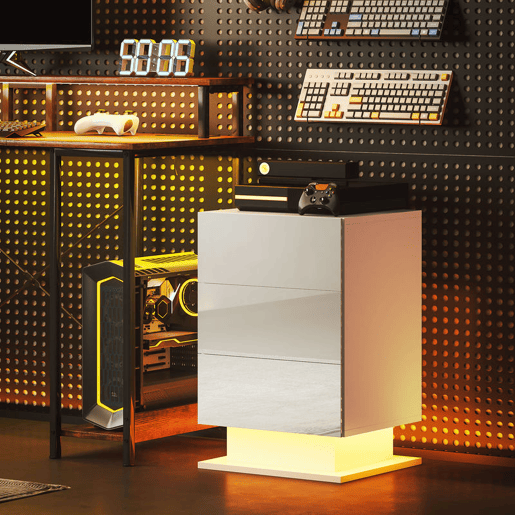 HOMCOM Mesa de Cabeceira com Faixa de Luz LED Multicolor Variável Mesa Auxiliar com 3 Gavetas Estilo Moderno Mesa Lateral para Dormitório Sala de Estar 40x35x60 cm Branco Brilhante