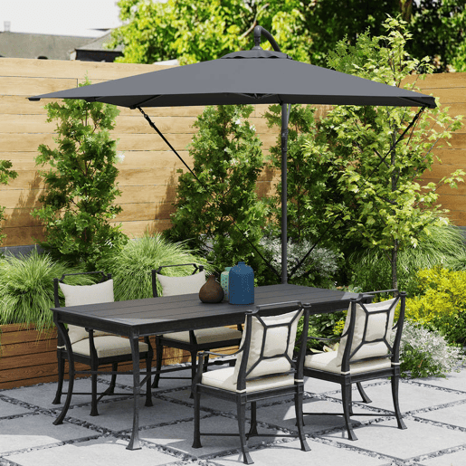 Outsunny Chapéu de Sol Excêntrico 247x247 cm com Base Cruzada, Cobertura Giratória 360°, Manivela, Capa Protetora e Corda de Vento Anti-UV 50+ para Terraço e Jardim, Cinzento Escuro