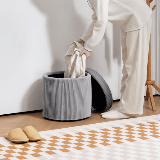 HOMCOM Puff de Arrumação Baú de Arrumação Redondo Estofado em Veludo Cotelê Assento Acolchoado Tampa Removível para Corredor Quarto Sala Ø40x41 cm Cinza Claro
