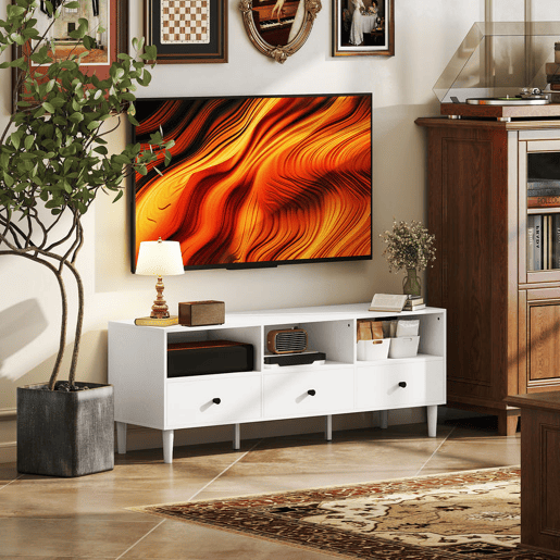 HOMCOM Móvel de TV Moderno Móvel de TV para Sala de Estar com 3 Compartimentos Abertos 3 Gavetas e Orifício para Cabos para Televisão de 455565 Polegadas 120x34x45 cm Branco