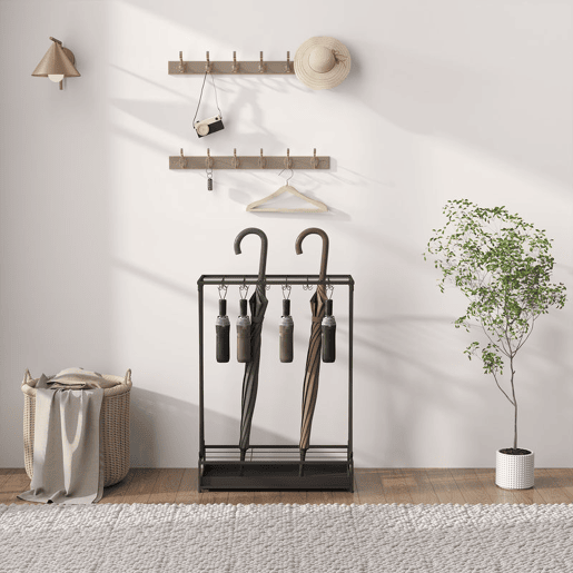 HOMCOM Suporte para Guarda-Chuva Moderno Retangular Suporte para Guarda Chuvas de Aço com 24 Ganchos 21 Espaços e Bandeja Recolhedora de Gotas Amovível para Entrada Escritório 50x24x68 cm Preto
