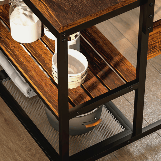 HOMCOM Estante de Cozinha com Tomada de Corrente Estante de Cozinha Estilo Industrial com Prateleiras Ganchos Móvel Auxiliar para Sala de Jantar 116x70x182 cm Marrom Rústico