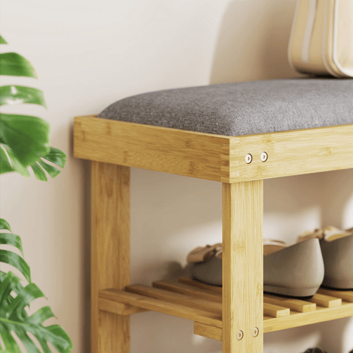 HOMCOM Banco Sapateira de Bambu Sapateira com Assento Almofadado 2 Prateleiras para 6 Pares de Sapatos para Entrada Dormitório 60x29x49 cm Madeira e Cinzento