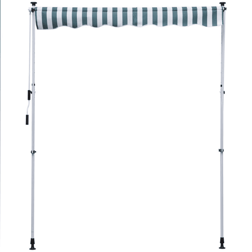 Outsunny Toldo Manual Retrátil 2x1,5 m, Toldo Exterior para Terraço Enrolável, Altura Ajustável 170-280 cm, com Manivela, Anti-UV e Impermeável, Sem Perfuração, para Varanda, Jardim, Verde e Branco