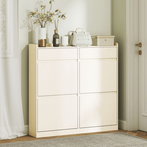 HOMCOM Sapateira Estreita com 4 Portas Articuladas Sapateira para Entrada com 2 Gavetas para 8 Pares de Sapatos para Corredor Espaços Reduzidos 98x19,2x95,3 cm Branco