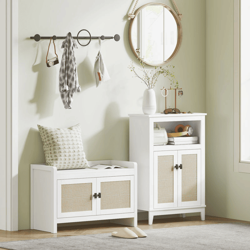 HOMCOM Banco Sapateira Móvel Sapateira Banco de Entrada com Portas Frentes de Vime Prateleira para 8 Pares de Sapatos para Entrada Dormitório 80x35x52 cm Branco