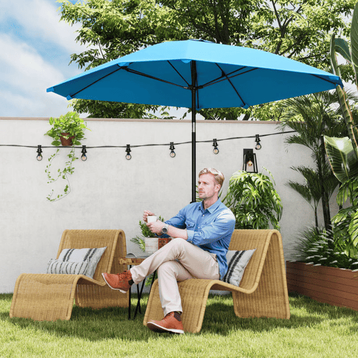 Outsunny Chapéu de Sol para Terraço Exterior 233x233 cm, Guarda-sol de Jardim com Ângulo Ajustável em 2 Posições, Impermeável, Poste de Alumínio, Varetas de Fibra de Vidro e Manivela - Azul