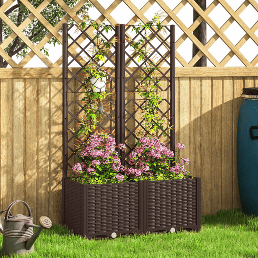 Outsunny Floreira com Treliça de PP Floreira Exterior Grande com Drenagem e Amplo Espaço para Plantas Trepadoras Vaso com Suporte para Jardim Pátio Terraço 80x40x135 cm Marrom