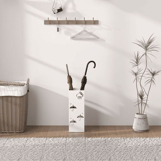 HOMCOM Suporte para Guarda Chuva de Aço Suporte para Guarda Chuva com 4 Ganchos e Bandeja de Gotejamento Amovível Suporte para Guarda Chuva Branco para Entrada Escritório 15,5x15,5x41 cm