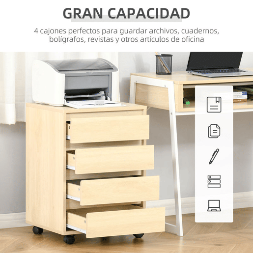 HOMCOM Bloco de Gavetas de Escritório com 4 Gavetas Bloco de Gavetas para Secretária com Rodas Arquivador Móvel para Estudo 46x40x65 cm Madeira