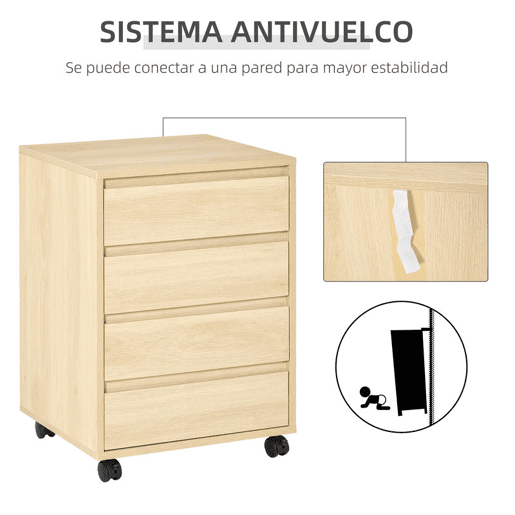 HOMCOM Bloco de Gavetas de Escritório com 4 Gavetas Bloco de Gavetas para Secretária com Rodas Arquivador Móvel para Estudo 46x40x65 cm Madeira
