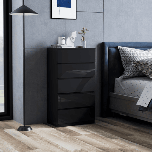 HOMCOM Cómoda com 5 Gavetas de Madeira Cómoda de Dormitório Cómoda Preta para Sala de Estar Estilo Moderno 55x34x100 cm Preto