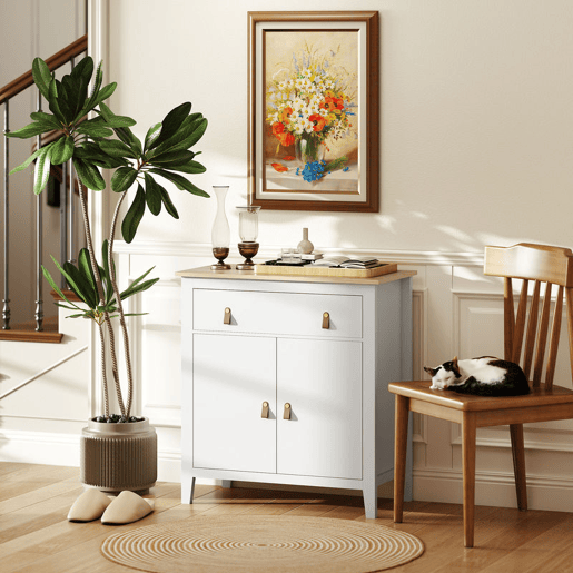HOMCOM Aparador de 2 Portas Aparador Sala de Estar Moderno com Gaveta Prateleira Ajustável e Puxadores em PU Móvel Auxiliar para Sala de Jantar 80x40x90 cm Branco e Madeira