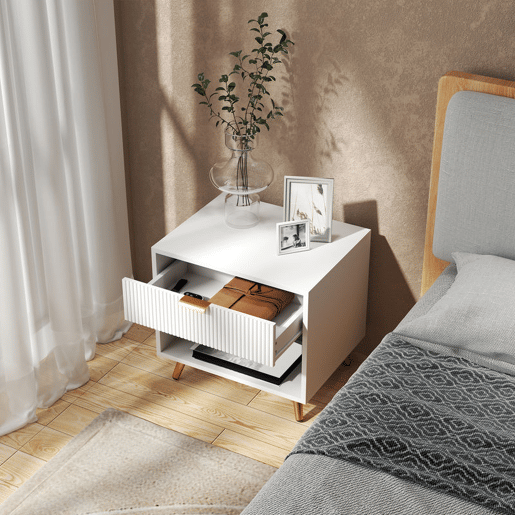 HOMCOM Mesa de Cabeceira Moderna Mesa de Cabeceira com Gaveta Puxador Dourado e Compartimento Aberto Mesa Auxiliar para Sala de Estar Dormitório 50x40x47 cm Branco