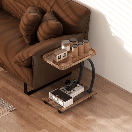 HOMCOM Mesa Auxiliar com Rodas Mesa Auxiliar em Forma de C para Sofá com Prateleiras Estrutura de Aço Mesa Auxiliar para Sala de Estar e Dormitório 52x34x60 cm Madeira e Preto