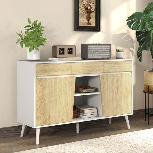 HOMCOM Aparador de 2 Portas Aparador de Sala com 3 Gavetas Prateleiras Móvel para TV para Dormitório Sala de Estar 120x39x77 cm Branco e Madeira