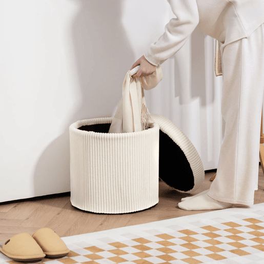 HOMCOM Puff de Arrumação Baú de Arrumação Redondo Estofado em Veludo Cotelê Assento Acolchoado Tampa Removível para Corredor Quarto Sala Ø40x41 cm Creme