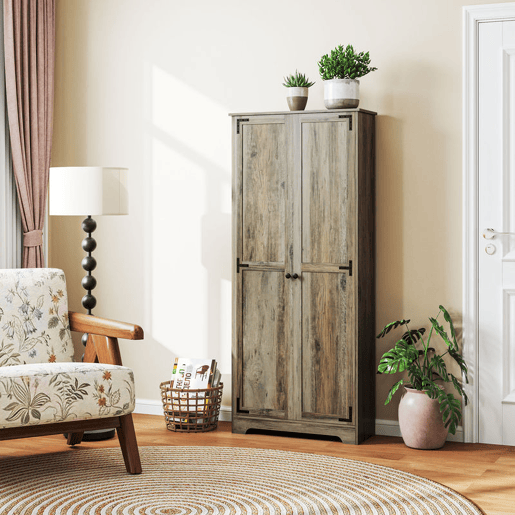 HOMCOM Armário de Cozinha Armário de Arrumação com 2 Portas e Prateleiras Ajustáveis para Sala de Jantar Sala de Estar 78x31,5x182 cm Marrom Acinzentado