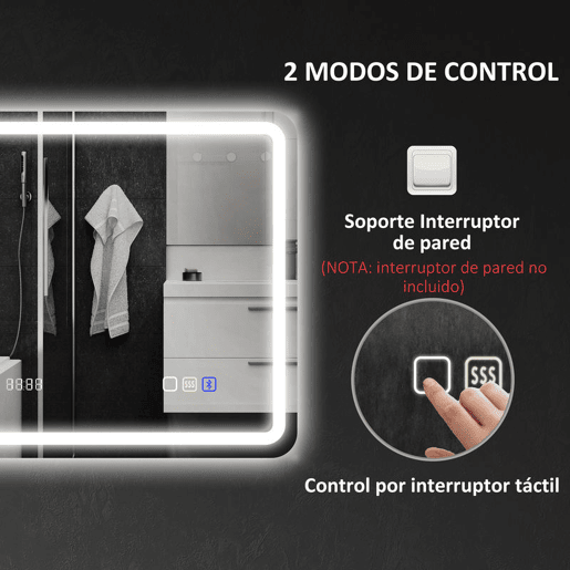 HOMCOM Espelho de Casa de Banho com Luz LED 80x60 cm Espelho de Parede com Bluetooth 3 Cores de Luz Relógio Digital Função Antiembaciamento Função de Memória Interruptor Tátil IP44 Prata