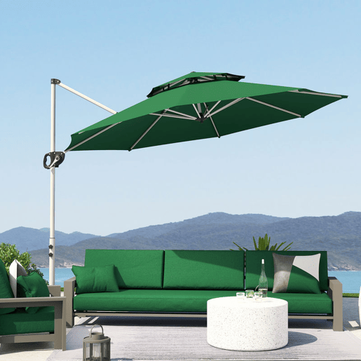Outsunny Chapéu de Sol Excêntrico Ø292 cm Chapéu de Sol de Jardim com Manivela Rotativo 360° Inclinação Ajustável Duplo Teto e Base Cruzada Chapéu de Sol para Exterior Pátio Verde Escuro