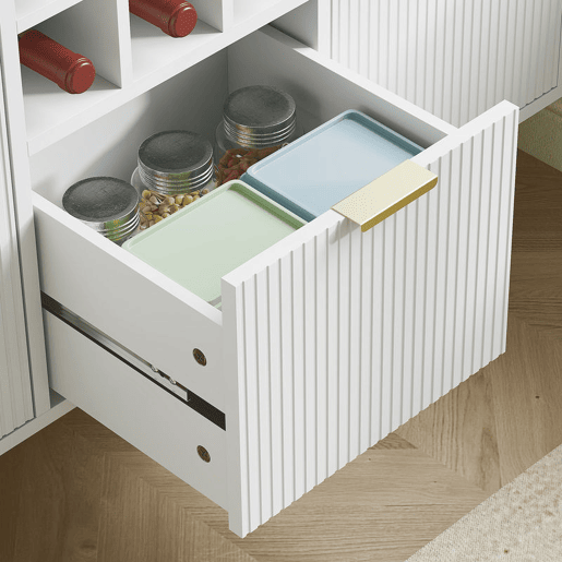 HOMCOM Armário de Cozinha Móvel Auxiliar de Cozinha Armário Alto com 3 Portas de Vidro Suporte para Garrafas Gaveta Prateleiras Ajustáveis e Compartimentos Abertos 100x40x180 cm Branco