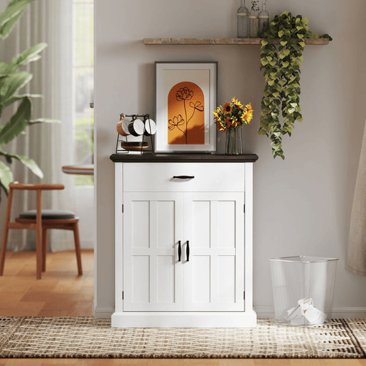 HOMCOM Aparador de 2 Portas Aparador para Sala de Estar Estilo Rústico com 1 Gaveta Prateleira Ajustável para Sala de Jantar Entrada 75,2x40x91,5 cm Branco e Madeira